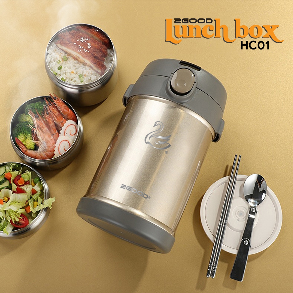 Bộ Hộp Cơm Giữ Nhiệt 2GOOD Lunch Box HC01 (2000ml) - Kèm Muỗng Và Đũa Inox 304